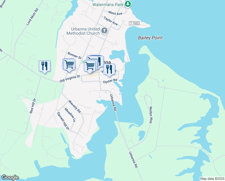 map of restaurants, bars, coffee shops, grocery stores, and more near 61 Watling Street in Urbanna