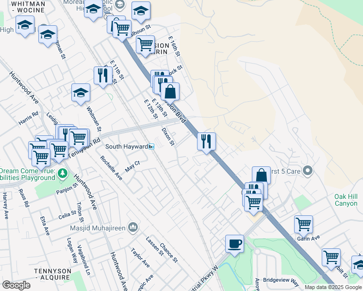 map of restaurants, bars, coffee shops, grocery stores, and more near 28850 Dixon Street in Hayward
