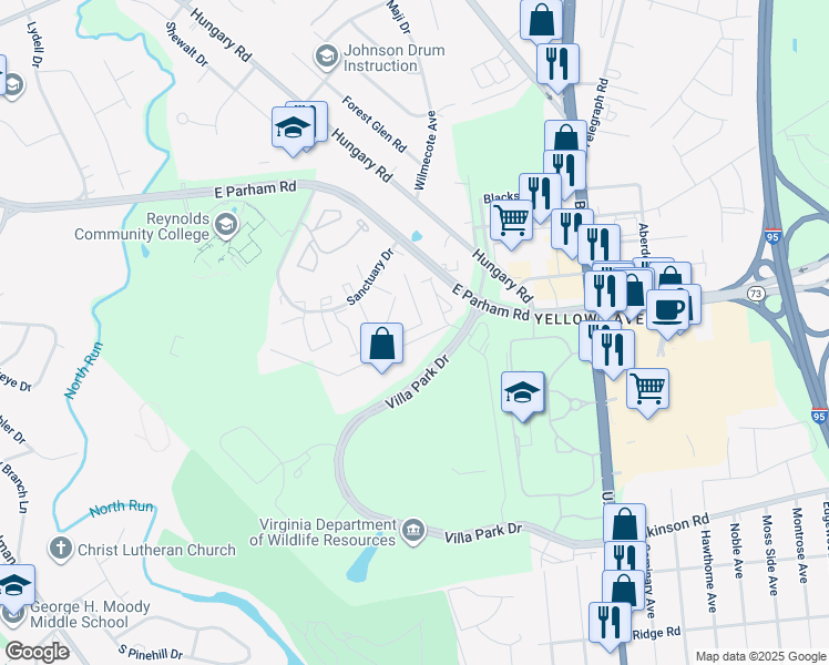 map of restaurants, bars, coffee shops, grocery stores, and more near 1515 Front Royal Drive in Richmond