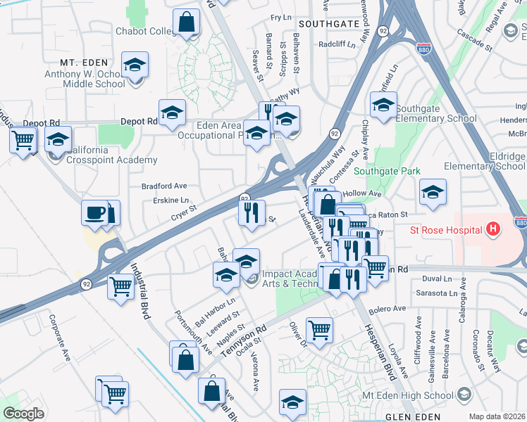 map of restaurants, bars, coffee shops, grocery stores, and more near 2316 Tallahassee Street in Hayward