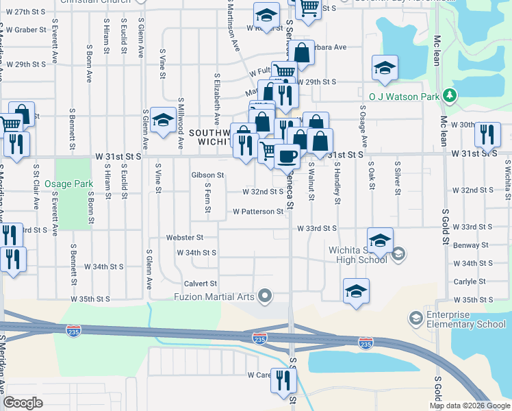 map of restaurants, bars, coffee shops, grocery stores, and more near 1213 W 32nd St S in Wichita