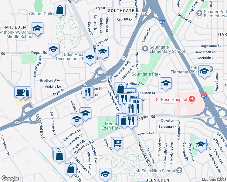 map of restaurants, bars, coffee shops, grocery stores, and more near Hesperian Blvd & Sleepy Hollow Ave in Hayward