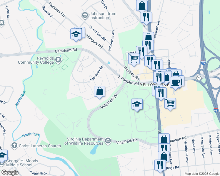 map of restaurants, bars, coffee shops, grocery stores, and more near 1515 Front Royal Drive in Richmond