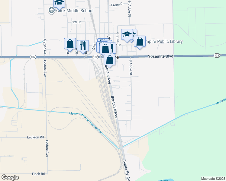 map of restaurants, bars, coffee shops, grocery stores, and more near 240 Santa Fe Avenue in Empire