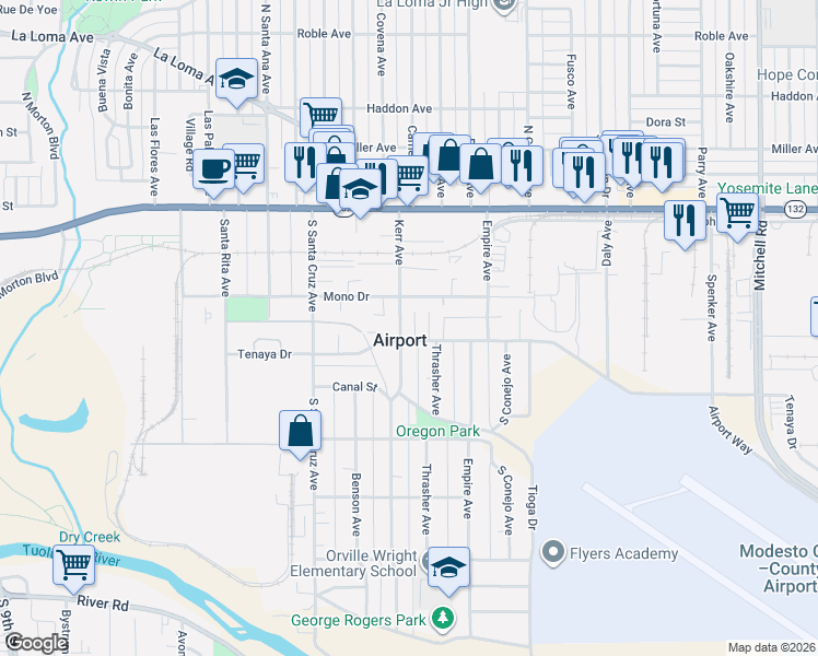 map of restaurants, bars, coffee shops, grocery stores, and more near in Modesto
