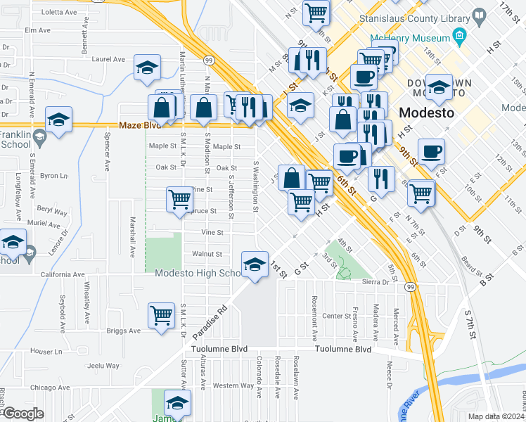 map of restaurants, bars, coffee shops, grocery stores, and more near 919 3rd Street in Modesto
