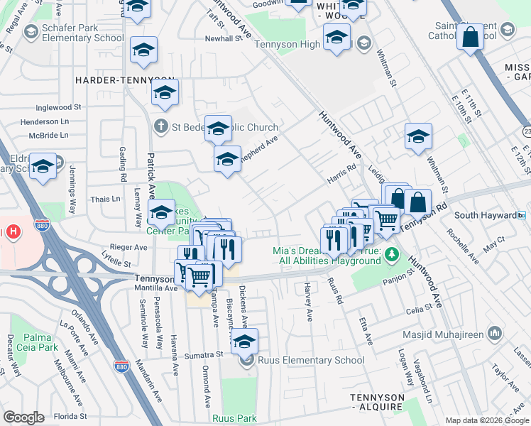 map of restaurants, bars, coffee shops, grocery stores, and more near 27361 Tyrrell Avenue in Hayward