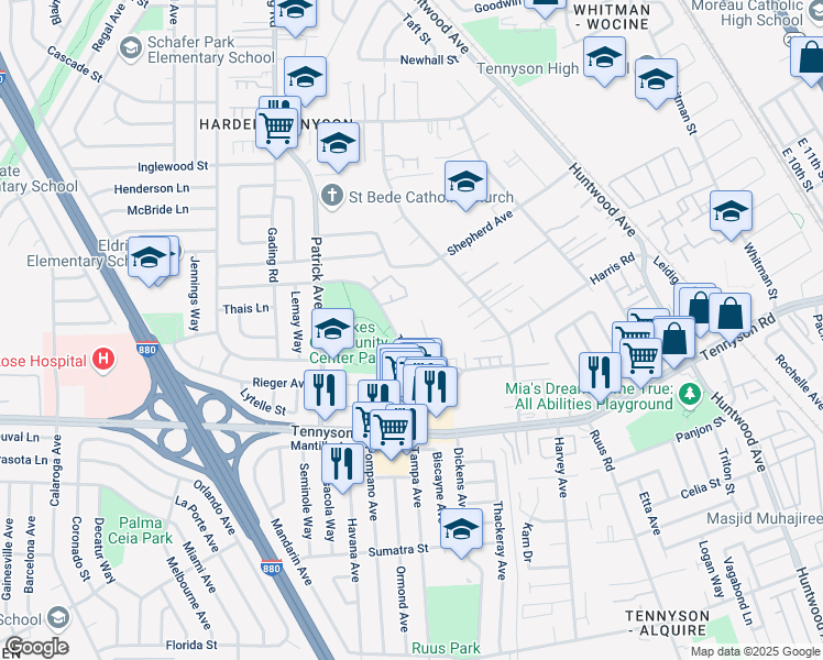map of restaurants, bars, coffee shops, grocery stores, and more near 27350 Tampa Avenue in Hayward