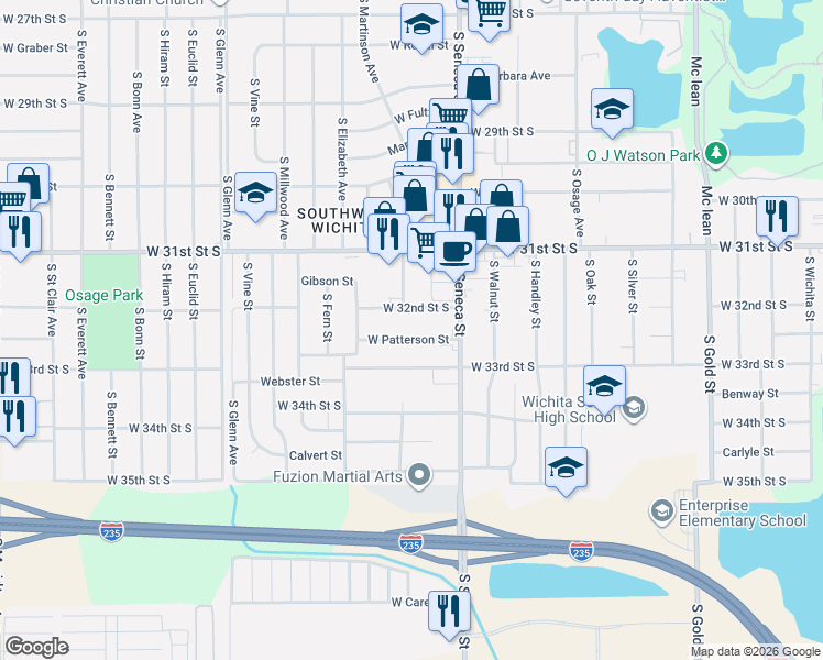 map of restaurants, bars, coffee shops, grocery stores, and more near 1213 W 32nd St S in Wichita