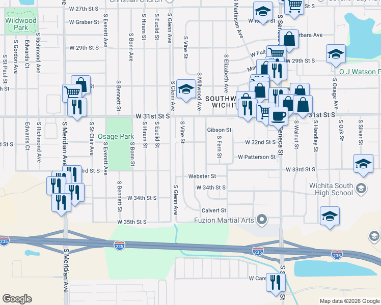 map of restaurants, bars, coffee shops, grocery stores, and more near 3302 S Vine St in Wichita