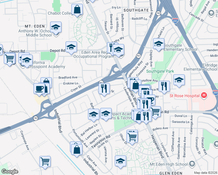 map of restaurants, bars, coffee shops, grocery stores, and more near 2316 Tallahassee Street in Hayward