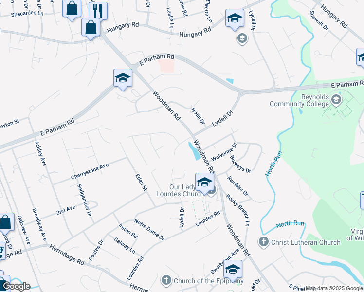 map of restaurants, bars, coffee shops, grocery stores, and more near Lydell Drive in Henrico