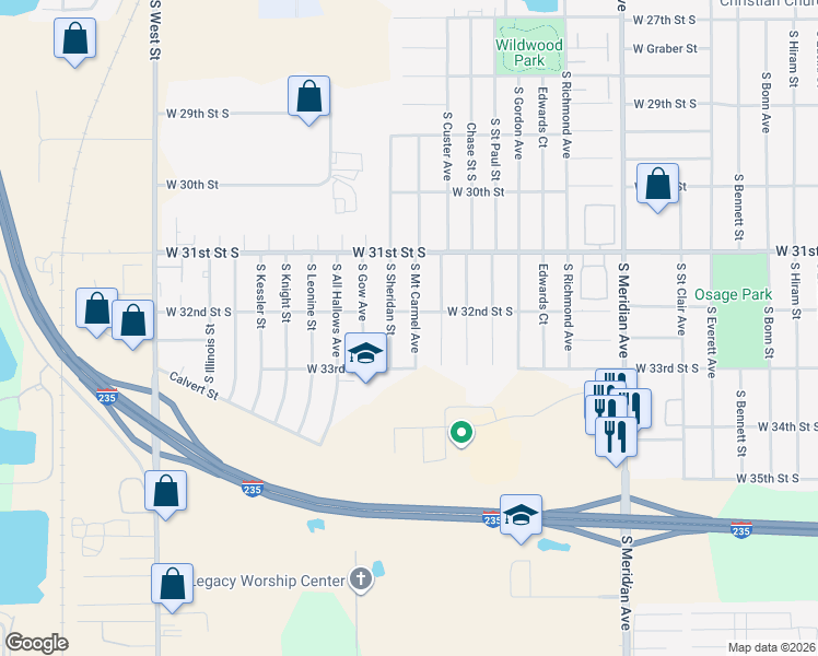 map of restaurants, bars, coffee shops, grocery stores, and more near 3101-3117 W 32nd St S in Wichita