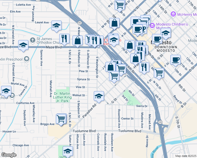 map of restaurants, bars, coffee shops, grocery stores, and more near 430 South Washington Street in Modesto