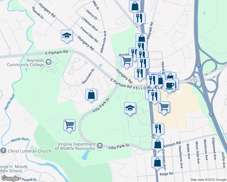 map of restaurants, bars, coffee shops, grocery stores, and more near 13302 Villa Park Drive in Henrico