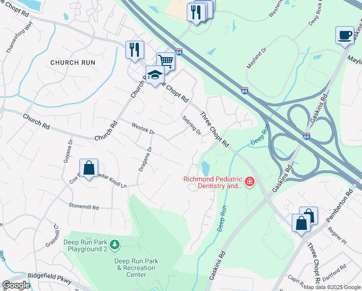 map of restaurants, bars, coffee shops, grocery stores, and more near 10808 Westek Drive in Richmond