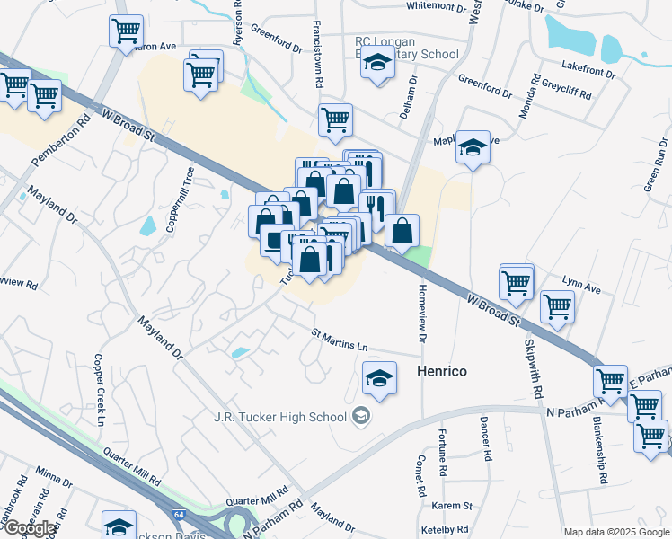 map of restaurants, bars, coffee shops, grocery stores, and more near 9035 West Broad Street in Henrico