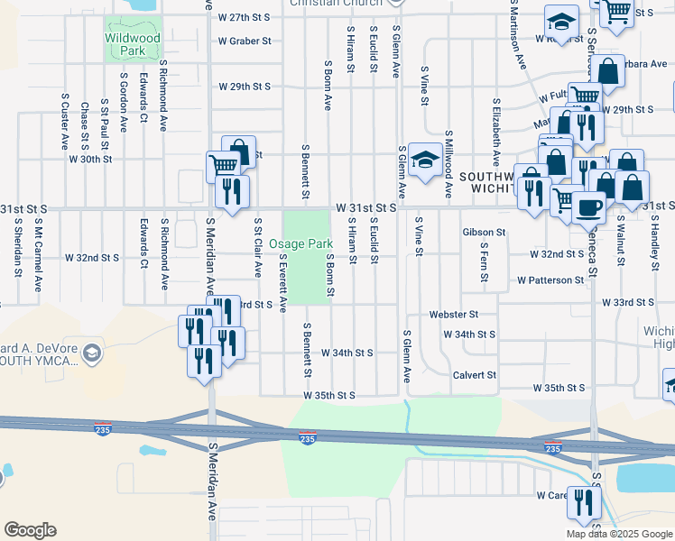 map of restaurants, bars, coffee shops, grocery stores, and more near 3316 South Bonn Street in Wichita