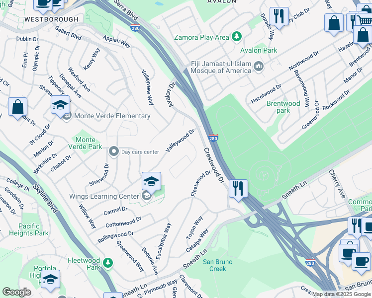 map of restaurants, bars, coffee shops, grocery stores, and more near 2221 Valleywood Drive in San Bruno