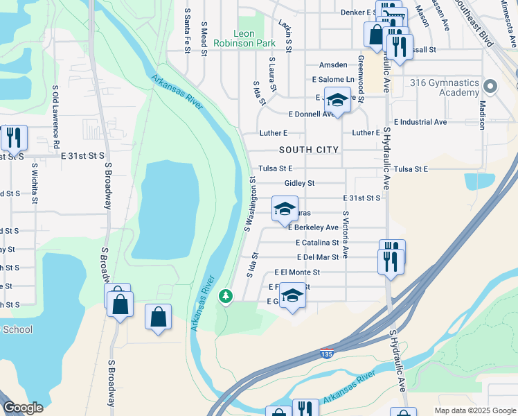 map of restaurants, bars, coffee shops, grocery stores, and more near 1109 East 31st Street South in Wichita