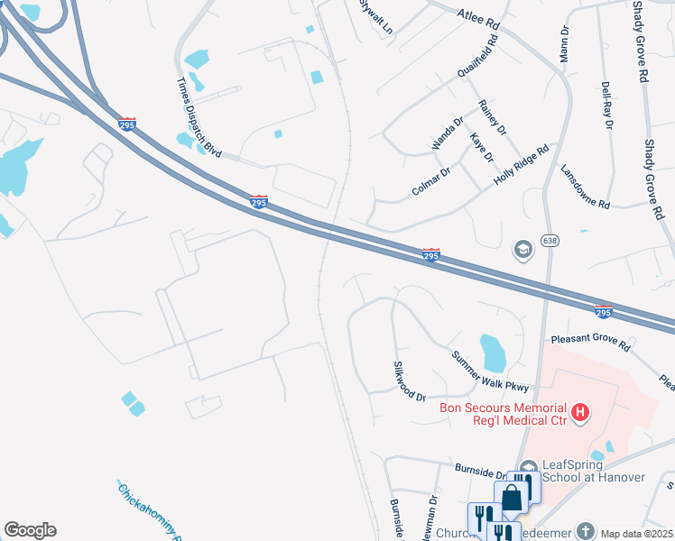 map of restaurants, bars, coffee shops, grocery stores, and more near 8386 Springset Lane in Mechanicsville