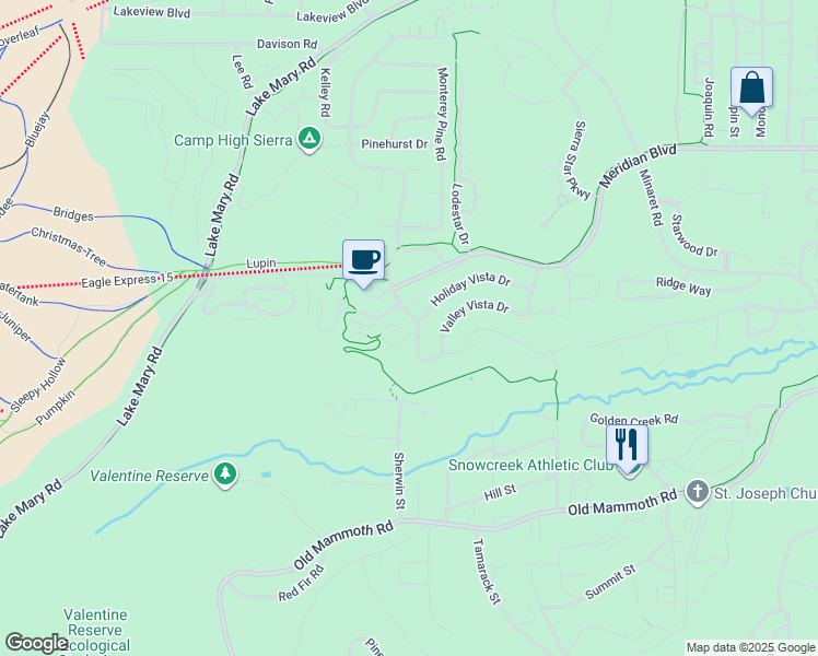 map of restaurants, bars, coffee shops, grocery stores, and more near 3353 Meridian Boulevard in Mammoth Lakes