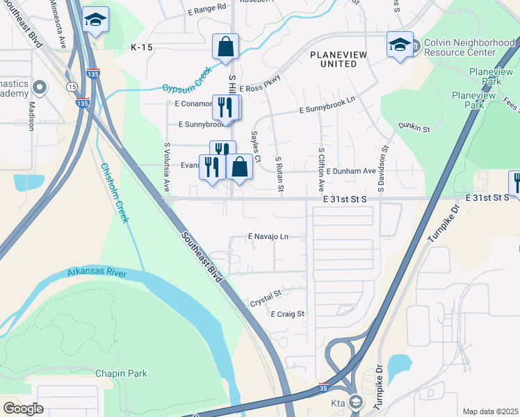 map of restaurants, bars, coffee shops, grocery stores, and more near 3305 East 31st Street South in Wichita