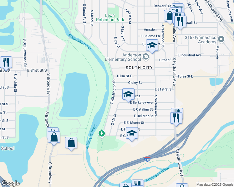 map of restaurants, bars, coffee shops, grocery stores, and more near 1109 East 31st Street South in Wichita