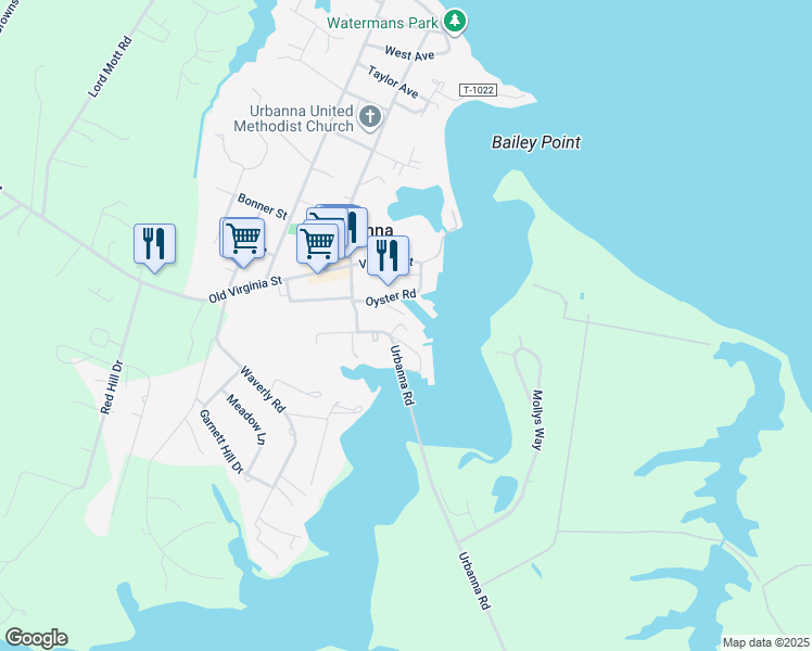 map of restaurants, bars, coffee shops, grocery stores, and more near 15 Haywood Lane in Urbanna