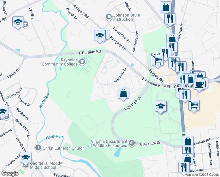 map of restaurants, bars, coffee shops, grocery stores, and more near 1511 Skirmish Run Drive in Henrico