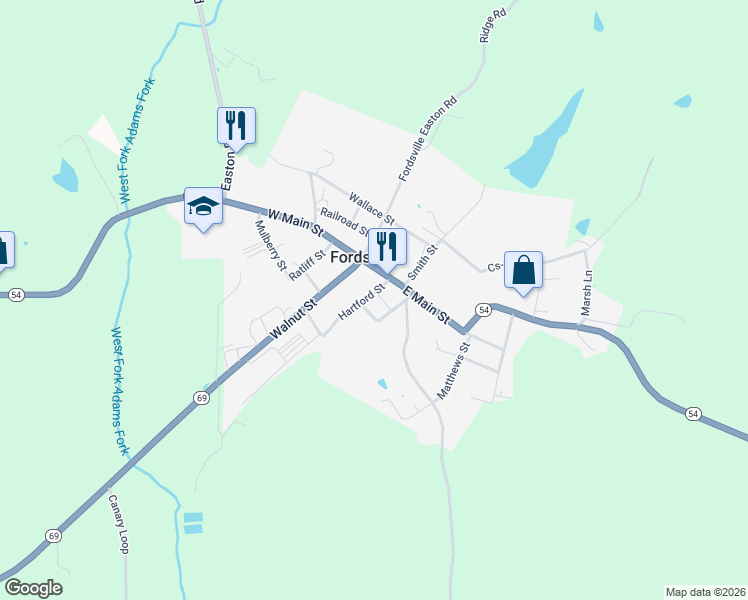 map of restaurants, bars, coffee shops, grocery stores, and more near 55 Hartford Street in Fordsville