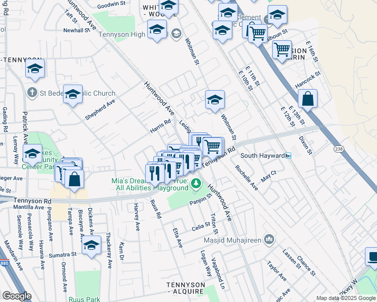 map of restaurants, bars, coffee shops, grocery stores, and more near 27827 Leidig Court in Hayward