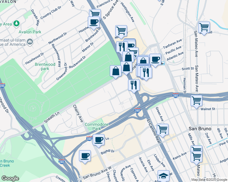 map of restaurants, bars, coffee shops, grocery stores, and more near 900 Commodore Drive in San Bruno