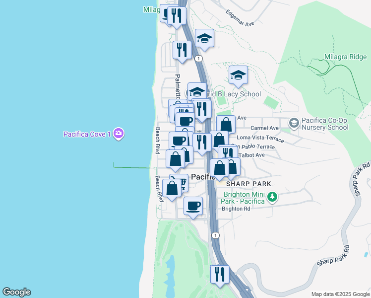 map of restaurants, bars, coffee shops, grocery stores, and more near in Pacifica