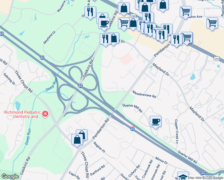 map of restaurants, bars, coffee shops, grocery stores, and more near 3324 Pemberton Creek Court in Richmond