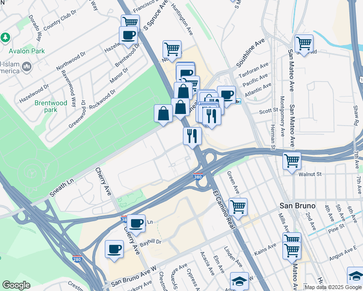 map of restaurants, bars, coffee shops, grocery stores, and more near 1099 Admiral Court in San Bruno