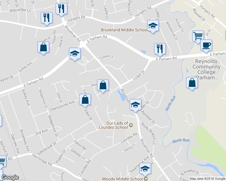 map of restaurants, bars, coffee shops, grocery stores, and more near Lydell Drive in Henrico