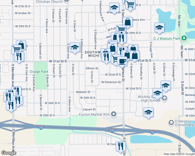 map of restaurants, bars, coffee shops, grocery stores, and more near 3313 South Elizabeth Avenue in Wichita