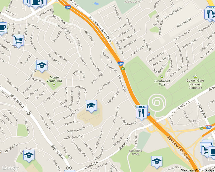 map of restaurants, bars, coffee shops, grocery stores, and more near 2221 Valleywood Drive in San Bruno
