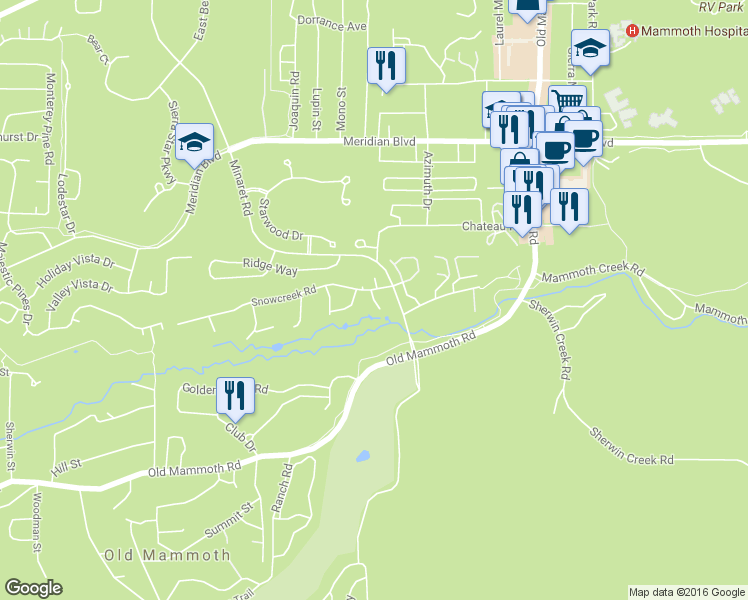map of restaurants, bars, coffee shops, grocery stores, and more near Sanctuary in Mammoth Lakes