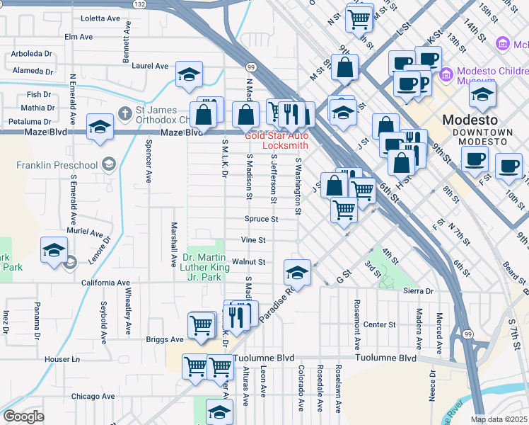 map of restaurants, bars, coffee shops, grocery stores, and more near 210 Spruce Street in Modesto