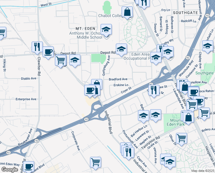 map of restaurants, bars, coffee shops, grocery stores, and more near 26147 Stryker Street in Hayward