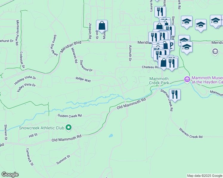 map of restaurants, bars, coffee shops, grocery stores, and more near 81 Sanctuary in Mammoth Lakes