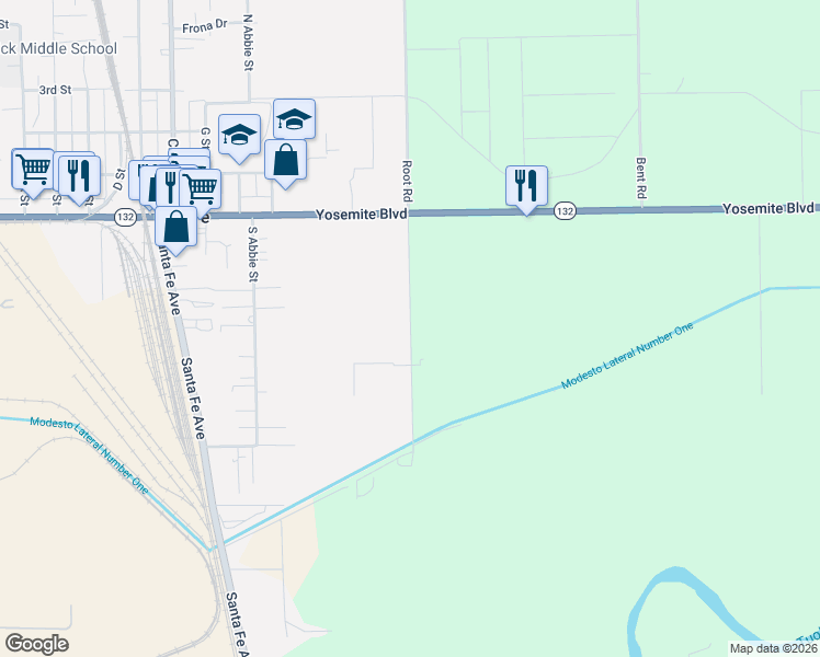 map of restaurants, bars, coffee shops, grocery stores, and more near 300 Leek Road in Modesto
