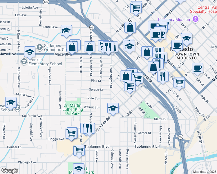 map of restaurants, bars, coffee shops, grocery stores, and more near 105 Pine Street in Modesto