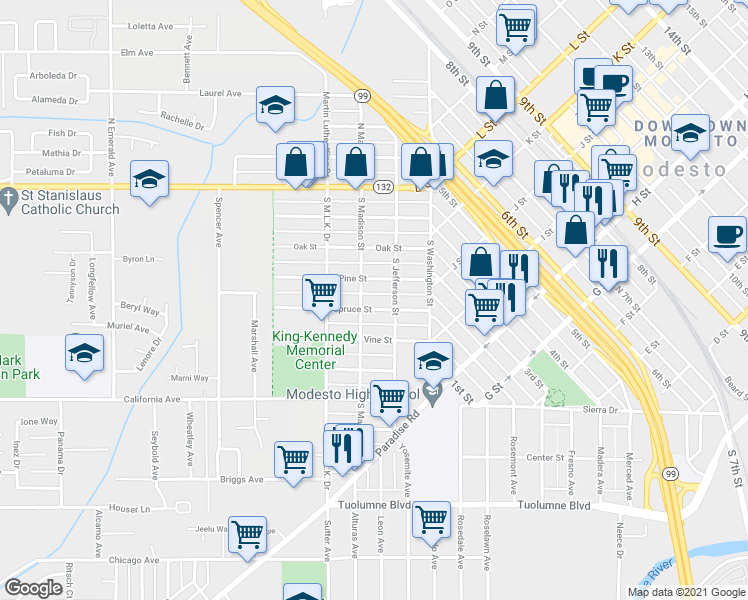 map of restaurants, bars, coffee shops, grocery stores, and more near 210 Spruce Street in Modesto