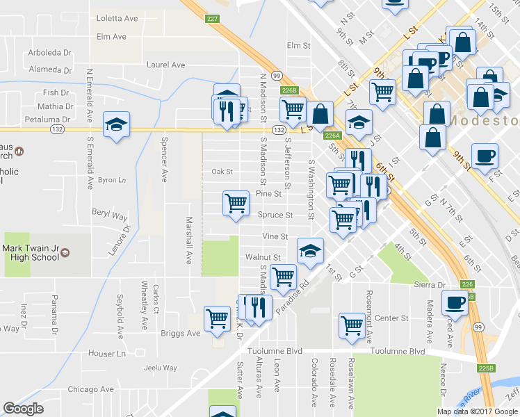 map of restaurants, bars, coffee shops, grocery stores, and more near 310 Spruce Street in Modesto