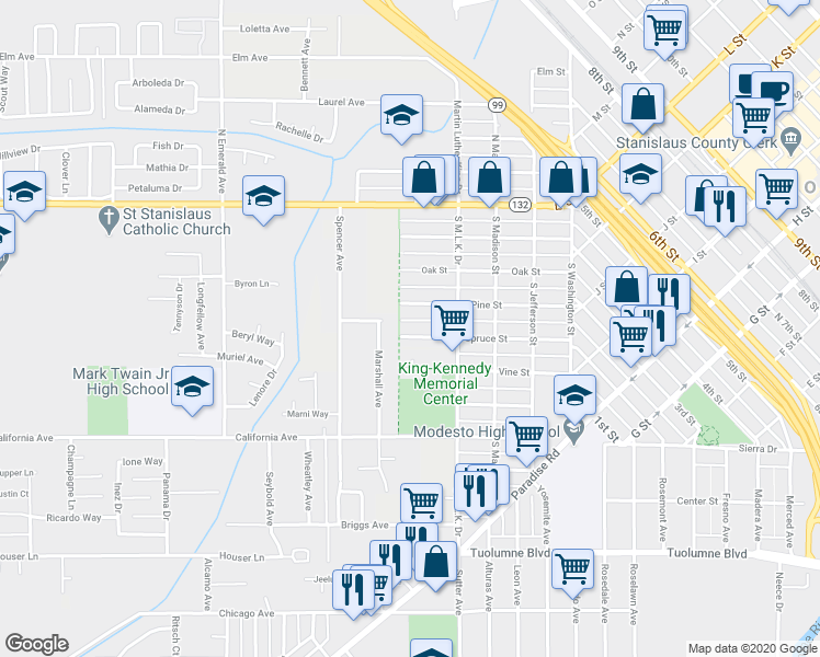 map of restaurants, bars, coffee shops, grocery stores, and more near 432 Spruce Street in Modesto