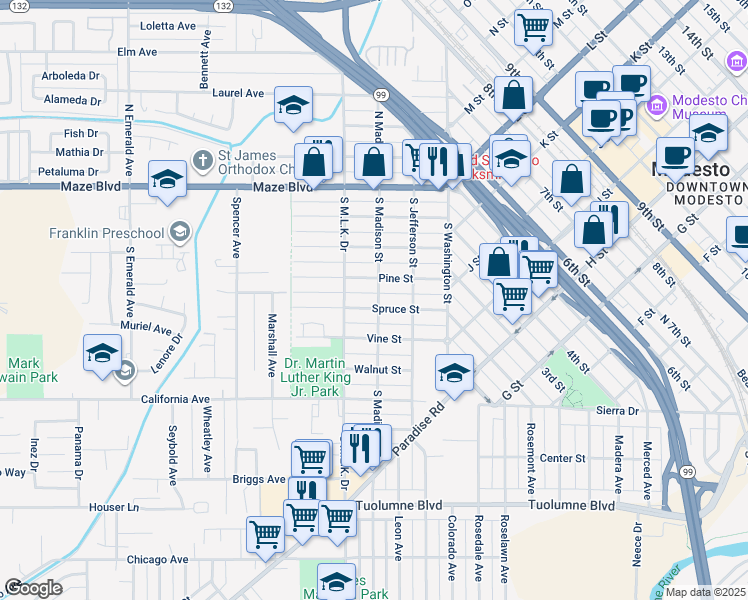 map of restaurants, bars, coffee shops, grocery stores, and more near 310 Spruce Street in Modesto