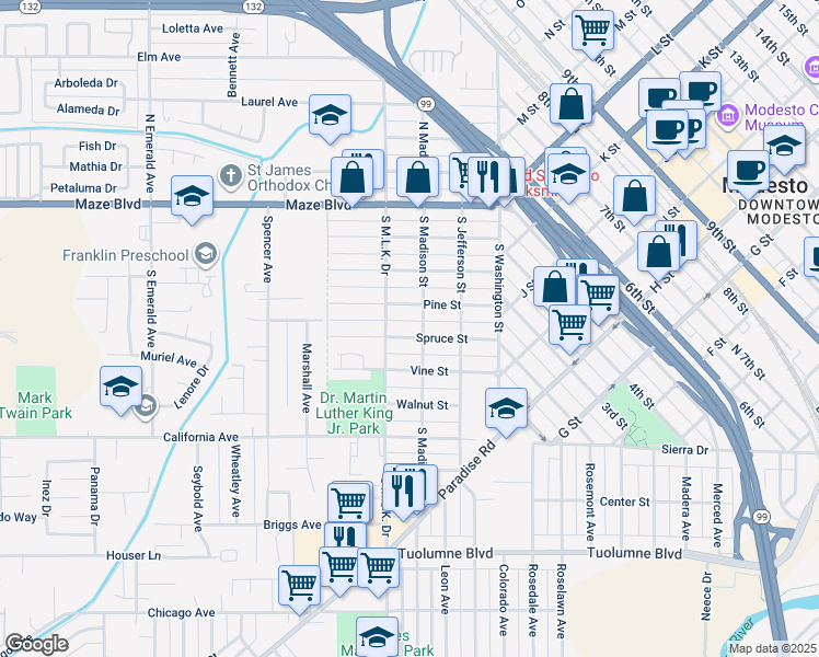 map of restaurants, bars, coffee shops, grocery stores, and more near 310 Spruce Street in Modesto
